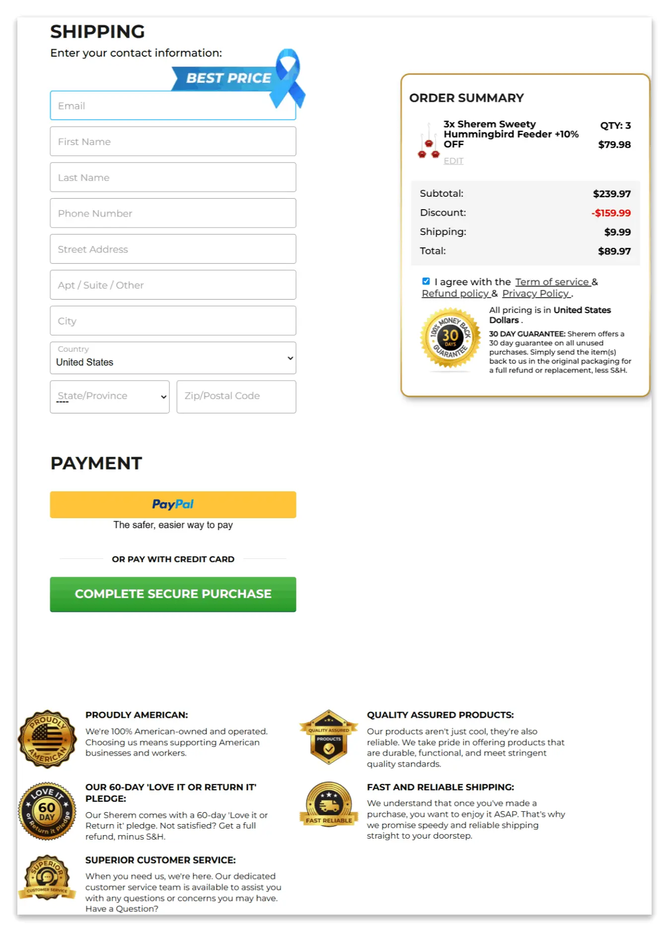 Hummingbird feeder Sherem checkout page